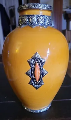 Buy Vintage Morrocan Hand Crafted Golden Saffron Safi Vase W White Brass Overlay 14  • 47.19£