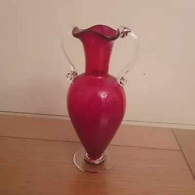 Buy Murano Cranberry Glass Bud /Posey Vase With Handles Murano Sticker On Base • 14.50£
