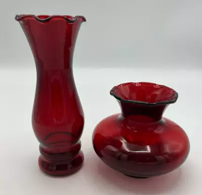 Buy Anchor Hocking Ruby Red Glass Ruffled Edge Vase Lot Of 2 • 12.47£