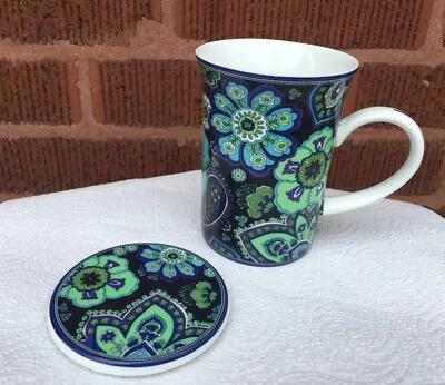 Buy Vera Bradley Blue Rhapsody Mug Cup W/ Lid Coaster Green Blue Paisley Flowers • 9.62£