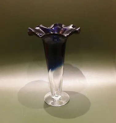 Buy Vintage Art Glass Vase Hand Blown Ruffled Cobalt Blue Top And Clear Foot • 14£