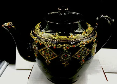 Buy 6” Antique English Teapot Black Handpainted Gold Trim Multicolored Design  • 31.19£