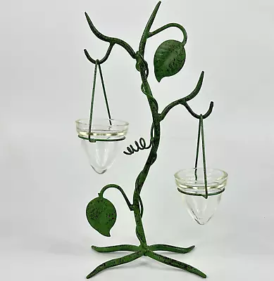Buy Vintage French Green Leaf Metal & Glass Candelabra Stand For 2 Real Candles • 18£