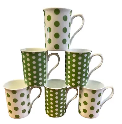 Buy 6 Spotty Mug Green White Fine Bone China Polka Dot Mug Set • 23.99£