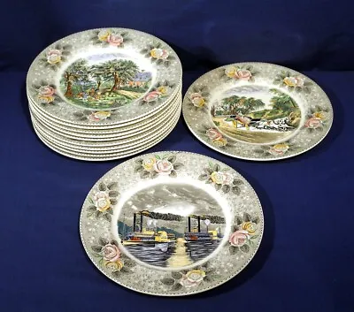 Buy 12 Vtg Antique China Service Dinner Plates Currier + Ives Adams England Ltd. Ed. • 355.62£