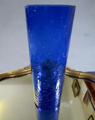 Buy Lovely Vintage Glass Blue Crackle Effect Cylinder Shape Vase • 10.95£