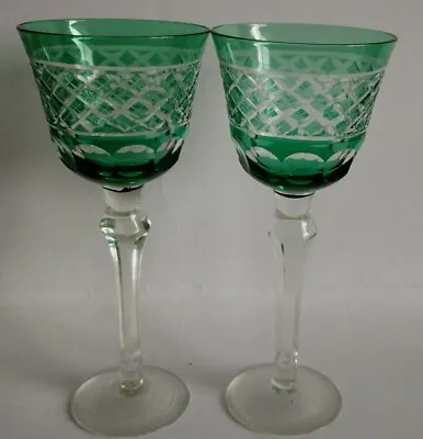 Buy ANTIQUE VINTAGE BOHEMIAN EMERALD CUT TO CLEAR WINE GLASSES X 2  (23g) • 55£