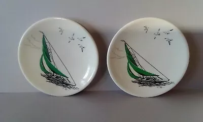Buy Pair Of Vintage Palissy Pottery Green Regatta Small 4  Plates • 16£