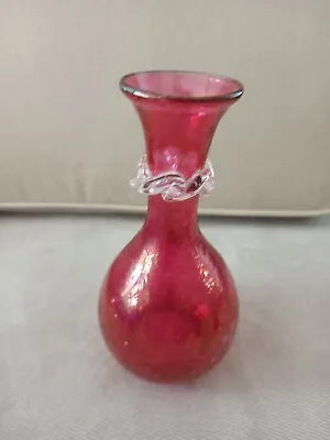 Buy Vintage Pilgrim Hand Blown Cranberry Crackle Glass Vase Applied Trim 6 3/4” Tall • 22.88£
