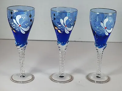 Buy 3 Vintage Hand Painted Bohemian Glass Cobalt Cordial Glasses ? Czech ? • 23.98£