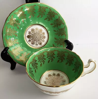 Buy Vintage ADDERLEY Bone China Green Teacup & Saucer England Ornate Gilt  • 43.11£