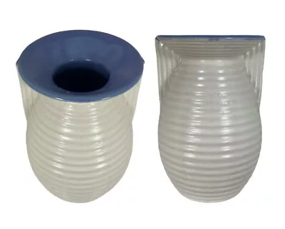 Buy Vintage - Stunning Art Deco / Mid Century Blue & White Transor Ware Ribbed Vase • 63.06£