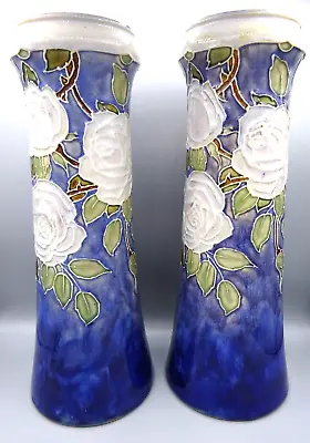 Buy Pair Arts & Crafts Era Vases - Royal Doulton Stoneware - Roses, Maud Bowden 1920 • 265.16£