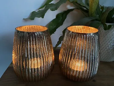 Buy Set 2 Large Fluted Antique Gold T-Light Candle Holder Ribbed Mottled Glass Vase • 10.95£