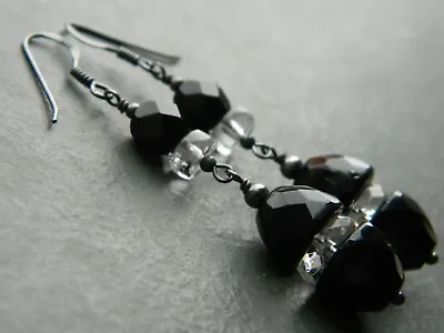 Buy Art Deco French Jet & Clear Glass Faceted Beads & Oxidised 925 Silver Earrings • 10.99£