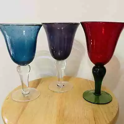 Buy Bubble Crackle Goblets Set Of 3 Tall Stem Pedestal Wine Water Goblet 8 In High • 16.45£