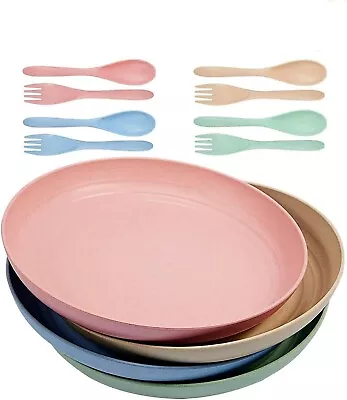 Buy 4 Dinner Plates Spoon Fork Tableware 23cm Round Dishes Wheat Straw Unbreakable • 8.99£