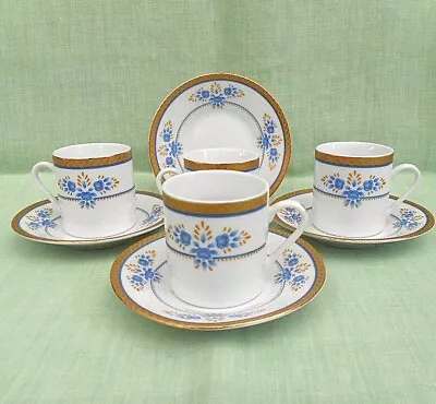 Buy 4 Porcelain Coffee Cans / Cups & 4 Saucers - Blue Flowers, Detailed Gold Rims • 11.99£