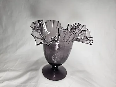 Buy Amethyst Blenko Hand Blown Crackle Glass Vase Double Crimped Ruffle Art Glass • 151.74£