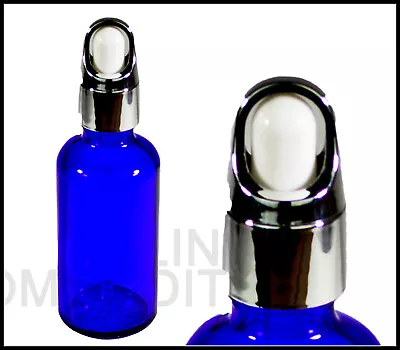 Buy 30ml Cobalt Blue Glass Bottles With BF Shiny Silver White Top Glass Pipette • 19£