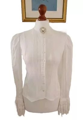 Buy LAURA ASHLEY Vintage White Top Shirt Blouse Crochet Frilled Cuffs FR36 UK8 Fab! • 15.50£