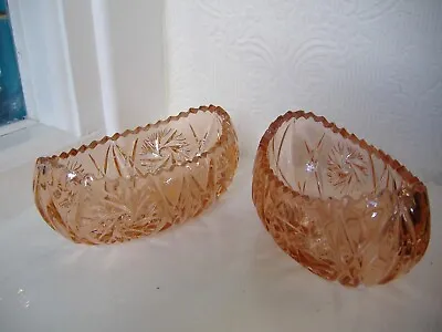 Buy Pair Of VTG SOWERBY 1930's Coral Pink Pressed Glass Boat Bowls, Pinwheel Pattern • 30£