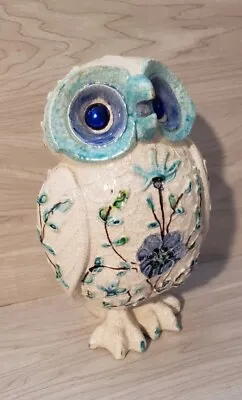 Buy Alvino Bagni Ceramic Owl Italian Pottery Blue Floral Crackle Glaze Jewel Eyes • 187.78£