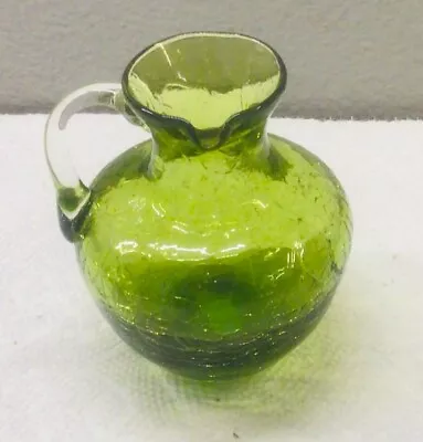 Buy Vintage Art Glass Green Crackle Glass Small Pitcher With Applied Clear Handle • 9.64£