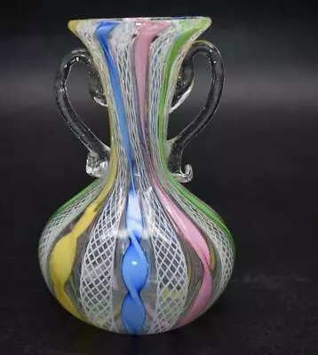 Buy Vintage Murano Zanfirico Aventurine & Ribbon Latticino Glass Vase Venetian • 0.99£