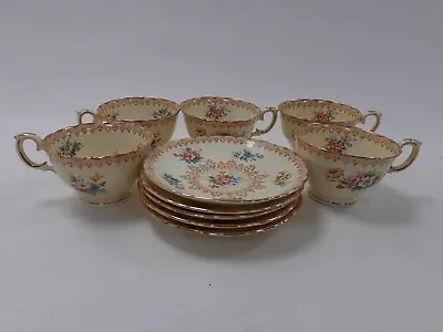 Buy Fine Bone China Crown  Staffordshire Tea Set 5 Teacups And Saucers Faded Chipped • 9.99£