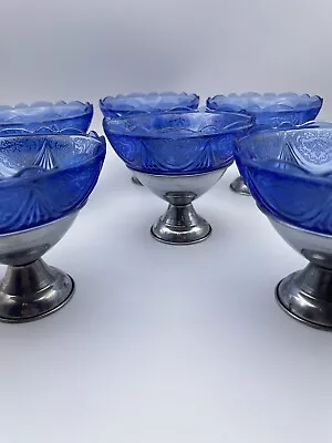 Buy Cobalt Blue Royal Lace Footed Sherbet Cups W Metal Holders Hazel-Atlas Set Of 6 • 72.88£
