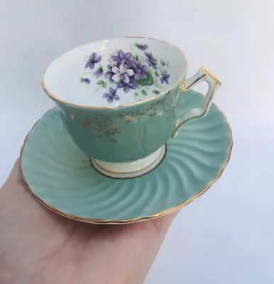 Buy AYNSLEY Bone China England Teal Green Gold Wild Violets 2917 Tea Cup & Saucer • 25.01£