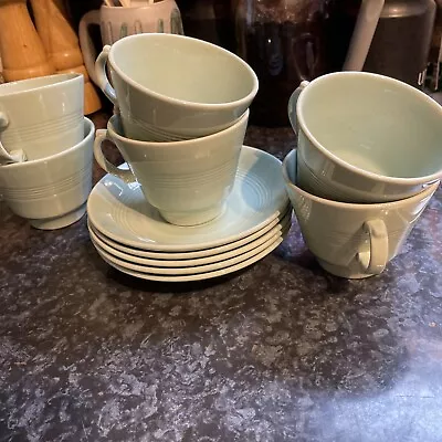 Buy Woods Ware Beryl Green Teacup (6)and Saucer (5)  Vintage Utility Crockery • 12£