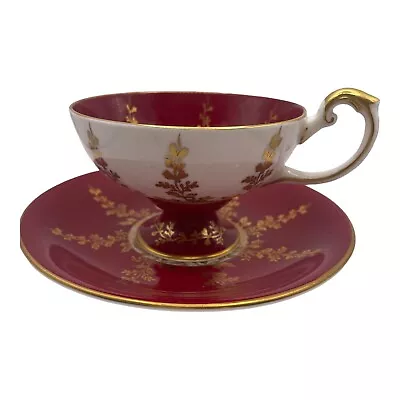 Buy Vintage Aynsley Ruby Red Gold Gild Tea Cup And Saucer  Pedestal Leaves England • 66.87£