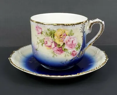 Buy Antique PMB Royal Bavarian China Mush Cup & Saucer Cobalt Gold Roses Germany EUC • 46.40£