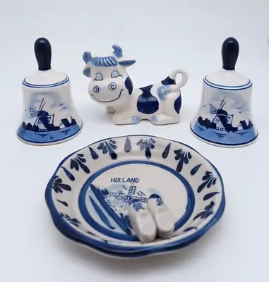 Buy Lot Of 4 Blue And White Porcelain Delft Blue Bells, Cow And Plate • 13.89£