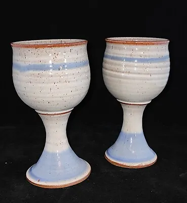Buy SET Of 2 Handcrafted Pottery Stoneware Wine Goblets Gray Blue Brown Tone 7  Tall • 26.89£
