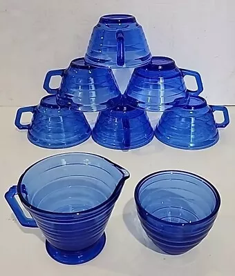 Buy Vintage Cobalt Blue Stacked Panel Rings Coffee/Tea 8pc. Glassware Set *Serves 6* • 37.65£