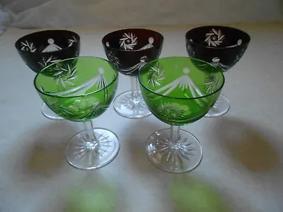 Buy SET OF 5 VINTAGE CUT TO CLEAR PORT, SHERRY GLASSES - Dark Red, Green - Bohemian? • 22.99£