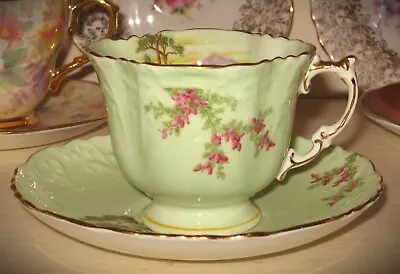 Buy Vintage Aynsley Bone China Quatrefoil Bluebell Time Green Tea Cup & Saucer • 12.95£