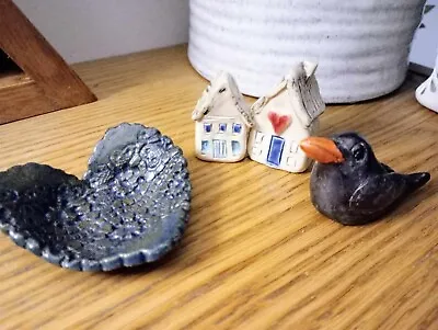 Buy Various Ceramic And Pottery Ornaments. Miniature Houses.heart Dish And Blackbird • 10.99£