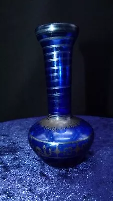 Buy Vintage Small Cobalt Blue Glass Vase With Silver Overlay. Hand Blown • 20£