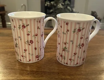 Buy 2 Laura Ashley Fine Bone China Mugs Pink And White Stripe With Small Red Flowers • 11.95£