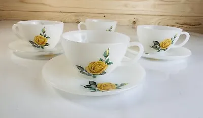 Buy Vintage Pyrex Cups & Saucers X 4 Phoenix Opalware Yellow Rose  Made In The USA • 24£
