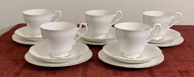 Buy 5 Royal Standard White & Gold Bone China Trios, Cups, Saucers, Plates • 10£