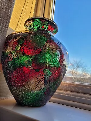 Buy BIG Crackle Glass Vase Red Gold Green Red Funky Bright NW2 SL2 Tall Disco Effect • 19.99£