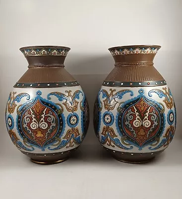 Buy Pair Of Antique METTLACH 1880 Villeroy & Boch 9  Art Nouveau Vases • 260.49£