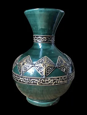 Buy Vintage Pottery Moroccan Vase With Metal Overlay • 65£