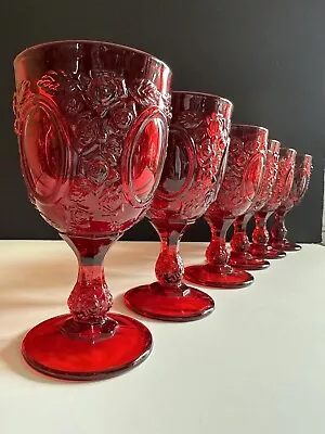 Buy Vtg LG Wright Ruby Red Glass Set 6 Stemmed Water Wine Goblet Rose Mirror  6.75” • 113.40£