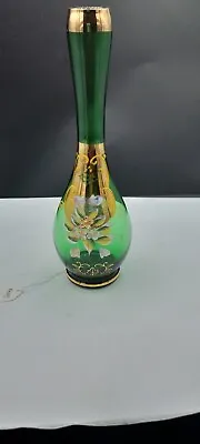 Buy Vintage Bohemian Czech Glass Vase Green Rasied Enamel  • 28.06£